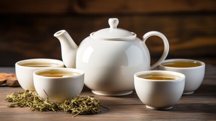 Tea concept with white tea set of cups and teapot with fresh tea on wooden