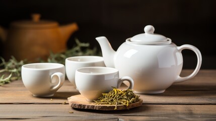 Obraz na płótnie Canvas Tea concept with white tea set of cups and teapot with fresh tea on wooden