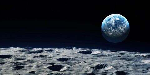 View of Moon limb with Earth rising on the horizon. Planet earth and satellite moon - obrazy, fototapety, plakaty