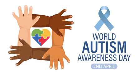 World Autism Awareness Day banner. Children's hands and colorful heart puzzles. Poster, vector