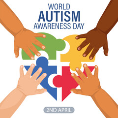 World Autism Awareness Day banner. Children's hands and colorful heart puzzles. Poster, vector