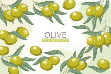 Background with olives. Cosmetic label background, green olives and twigs with leaves on an abstract background, vector - obrazy, fototapety, plakaty