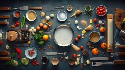 Kitchen equipment collection concept, Kitchen utensils, cooking ingredients and kitchenware, cooking equipment - obrazy, fototapety, plakaty