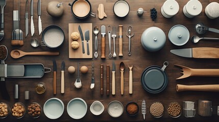 Details in the kitchen,Top view of Kitchen utensils, cooking ingredients and kitchenware - obrazy, fototapety, plakaty