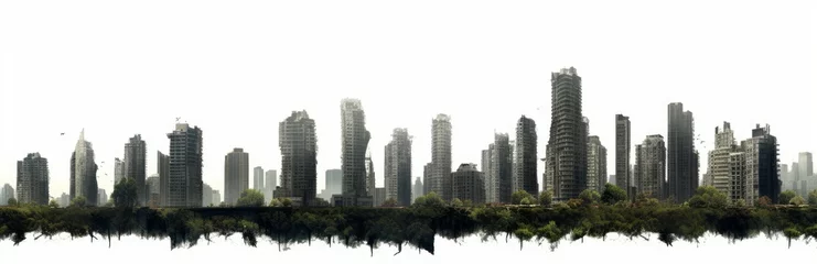 Tuinposter post-apocalyptic skyline, ruined skyscrapers, tall overgrown buildings isolated on white background, Generative AI © Not Just a Picture