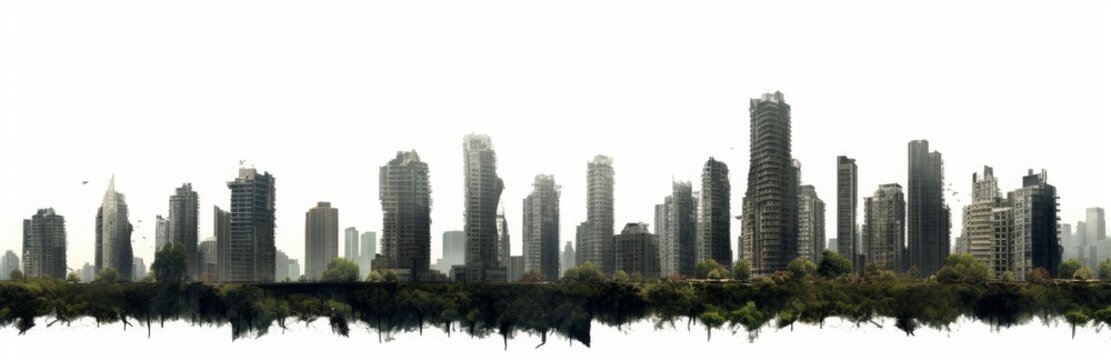 post-apocalyptic skyline, ruined skyscrapers, tall overgrown buildings isolated on white background, Generative AI