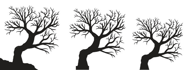 silhouette of dead tree vector illustration. silhouette of trees and branches without leaves. Bare Tree silhouette. Black Branch Tree vector. silhouette of a bare tree.	
