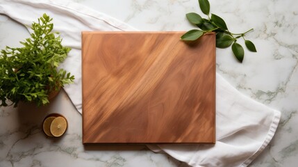 Fototapeta na wymiar Top view of Wood cutting board with linen napkin and plant on marble table with copy space 