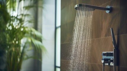 Water flowing from shower in luxury hotel bathroom,Luxurious bathroom details
