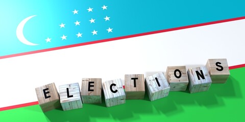 Uzbekistan - elections concept - wooden blocks and country flag - 3D illustration