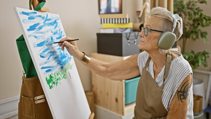 Elderly grey-haired woman artist absorbed in the joy of painting, surrounded by paintbrushes and...