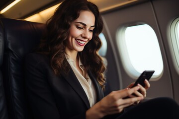 Fototapeta na wymiar A Smiling female entrepreneur in suit using smartphone while sitting in an airplane Online communication on airplanes