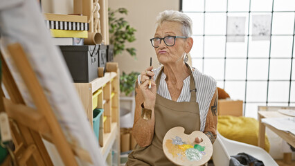 Thoughtful, grey-haired senior woman artist immersed in drawing, surrounded by paintbrushes and...