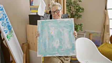 Confident, grey-haired senior woman artist, smiling and holding her artistic draw, revels in the...