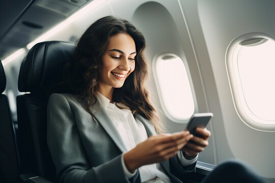 A Smiling female entrepreneur in suit using smartphone while sitting in an airplane Online communication on airplanes