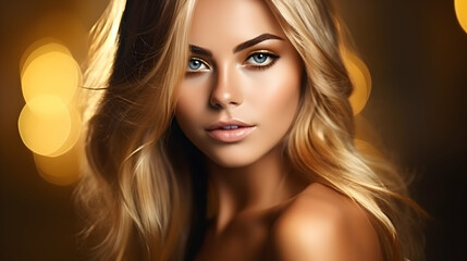Naklejka premium Golden woman. Beauty fashion model girl with golden make up, hair and jewellery on black background. Generative AI.