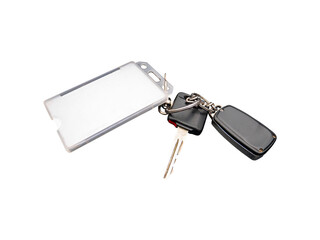 Key with car alarm key fob and badge. Isolated without background in png format. Car keys. Car alarm key fob. Office page. Paste into template. Blank for mockup. Place for text.