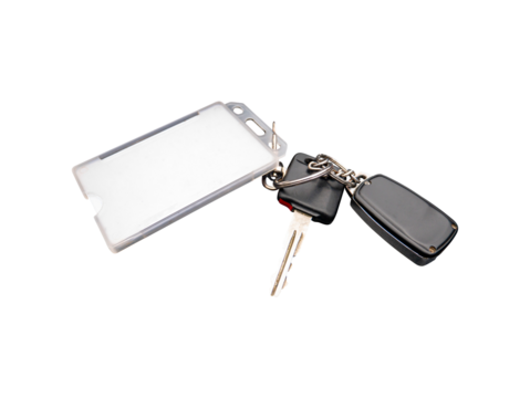 Key with car alarm key fob and badge. Isolated without background in png format. Car keys. Car alarm key fob. Office page. Paste into template. Blank for mockup. Place for text.