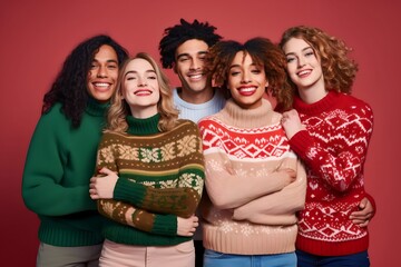 diverse group friendship young people wear ornament sweaters arms isolated red color background