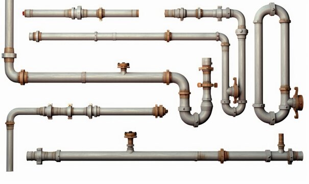 set of metal pipes with valves, connectors and rivets (isolated cutout on white background, 3d render), Generative AI