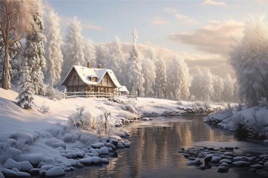 Picturesque cabin on riverbank in serene snow-covered forest setting