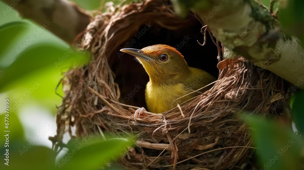 Poster a bird building a nest in a tree ai generated illustration