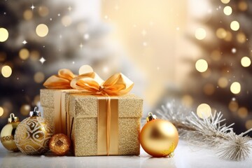 Fototapeta na wymiar Festive glittering golden gift box with elegant ribbon beside Christmas ornaments, blurred tree backdrop, winter holiday gifts.