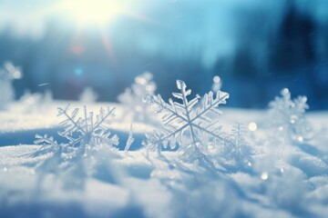Macro shot of intricate snowflakes glistening on winter fresh snow, sunlight enhancing their...