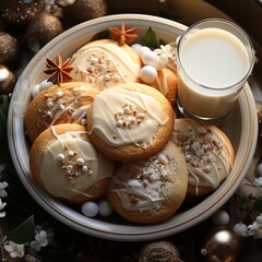 Christmas cookies with decorations and cup of milk , AI generated