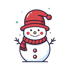 Snowman with hat and scarf. Vector illustration. Flat design.