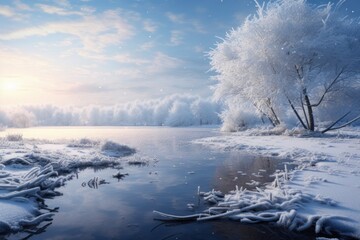 Tranquil winter sunrise, hoarfrost trees lining the frosty riverbank reflecting on the icy water. Winter wonderland and natural beauty.