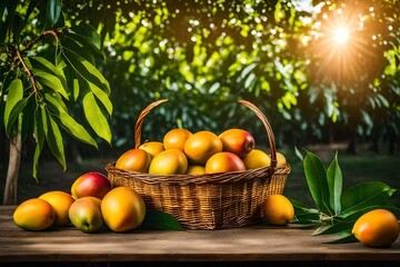Mango in basket with leaves on wooden table and Mango tree farm with sunlight background.