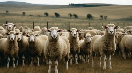 Obraz premium A flock of sheep grazing in unison AI generated illustration