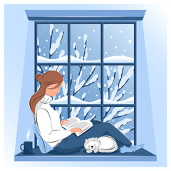 Woman reading book and sitting at the winter window. Cozy winter vector illustration
