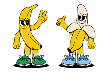 Set of Cute characters Banana in groovy cartoon style. Trendy and modern illustration with funky comic mascot. Yellow color of fruits. 70s, 80s retro vibes. Vector
