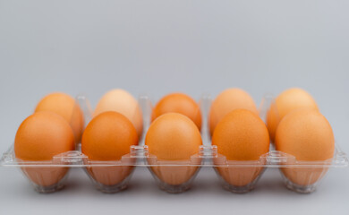 Orange chicken eggs. High protein food. Animal egg panel. Chicken egg shells. Orderly arrangement.