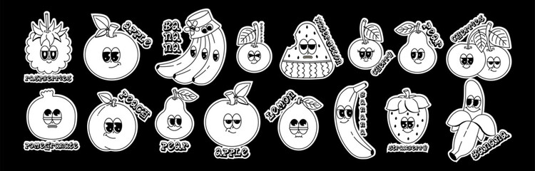 Set of cute characters fresh fruits in groovy cartoon style. Vintage stickers mascot Apple, Peach, Pear and other with psychedelic smile and emotion. Black and white colors. Vector illustration - obrazy, fototapety, plakaty