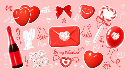 Set of collage elements for Valentine's day. Cut out stickers for decoration Valentine's day posters, banners, social media. Vector illustration with 3d realistic elements and hand drawn doodles. - obrazy, fototapety, plakaty