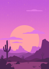 Minimalistic vertical desert landscape with cacti, mountains, plants and stars. Sunset in canyon. Hand drawn style simple shapes vector illustration. Design for poster, postcard. Retro, vintage.