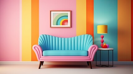 Interior of modern living room with blue sofa . Pastel multi colour vibrant groovy retro striped background wall frame, ai generative