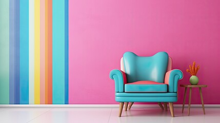Blue armchair in modern living room with colorful wall. 3d rendering. Pastel multi colour vibrant groovy retro striped background wall frame, ai generative