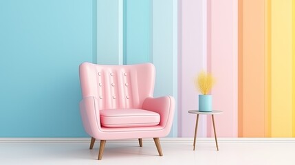 Pink armchair in the room. 3d render. Interior design. Pastel multi colour vibrant groovy retro striped background wall frame, ai generative