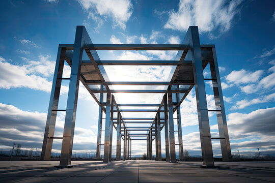 Structure of steel roof truss under the construction building with beautiful sky, site of construction.