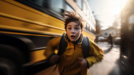 school kid running to catch bus - obrazy, fototapety, plakaty