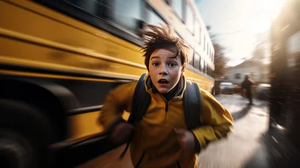 Fotobehang school kid running to catch bus © pankajsingh