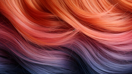 Natural freshly dyed colored hair, abstract background, hairdressing salon advertising, close-up of long and shiny hair, generative ai