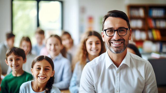 teacher with group of students in classroom, teaching professional in classroom