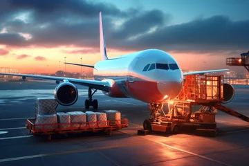 Poster Commercial cargo air freight airplane loaded at airport in background of beutiful sunset. Transport concept of distribution and logistics. © cwa