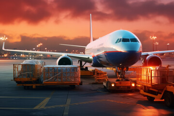 Commercial cargo air freight airplane loaded at airport in background of beutiful sunset. Transport concept of distribution and logistics. - obrazy, fototapety, plakaty