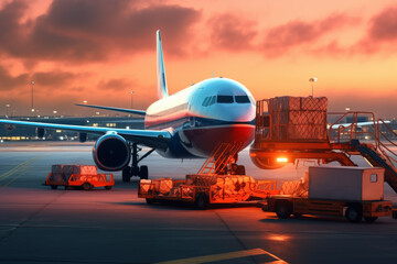 Commercial cargo air freight airplane loaded at airport in background of beutiful sunset. Transport concept of distribution and logistics.